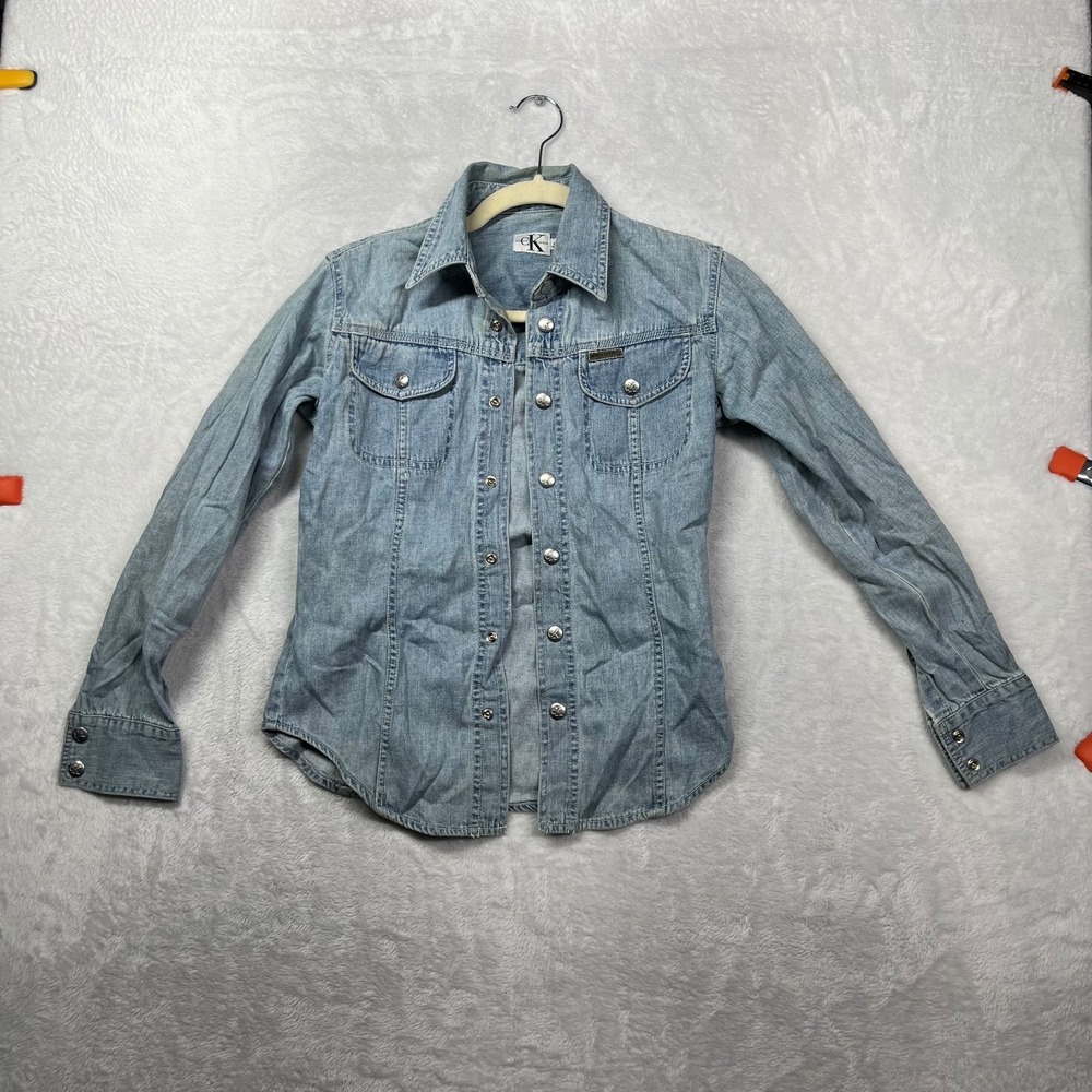 Vintage Calvin Klein Denim Shirt Women's Blue Snap Button Long Sleeve‎ - Small